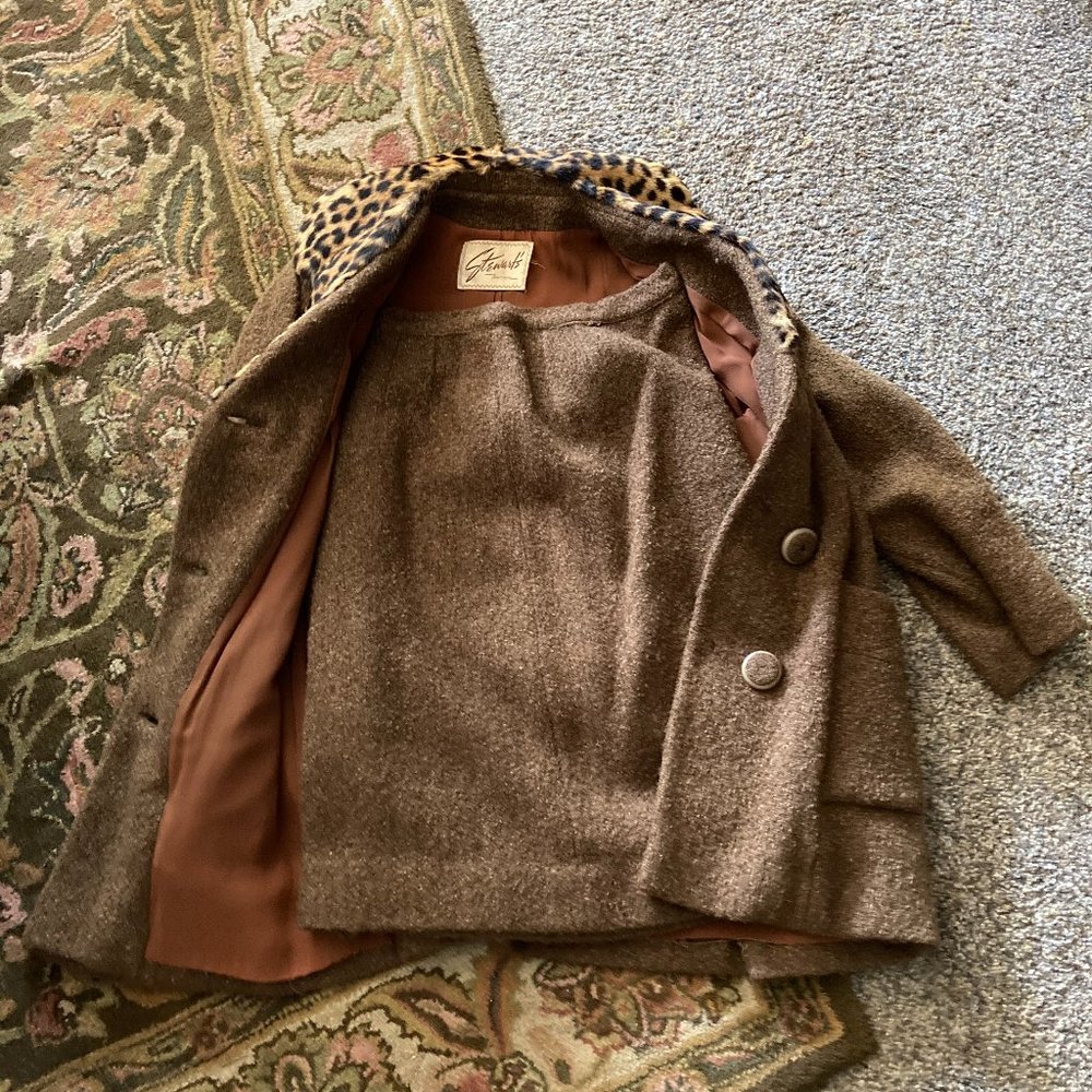 Vintage brown tweed walking suit with real leopard color